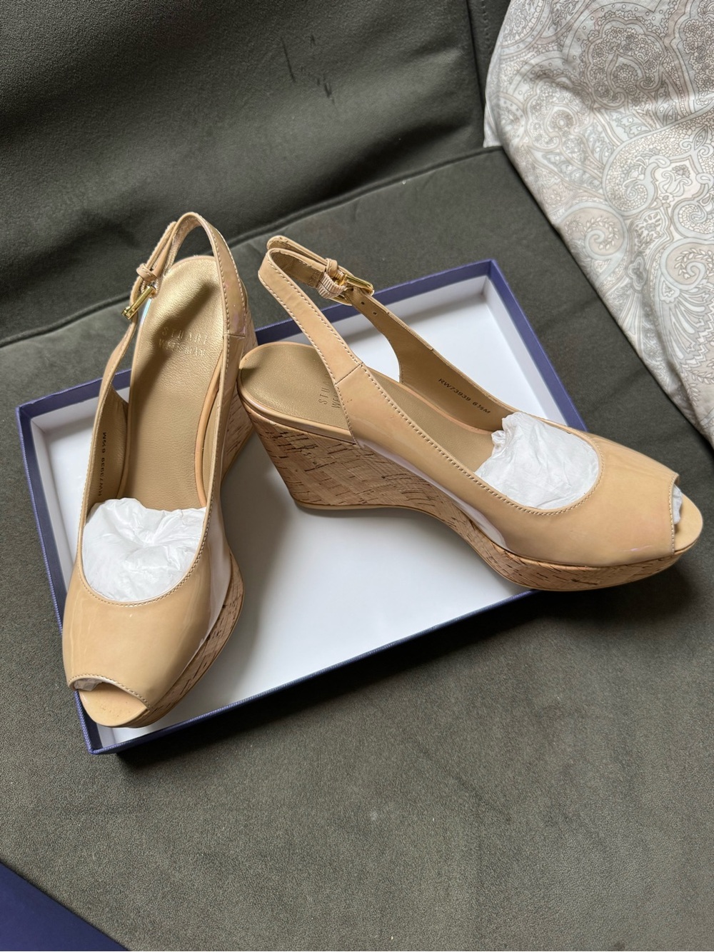 Stuart Weitzman Nude Peep-Toe Cork Wedge Sandals